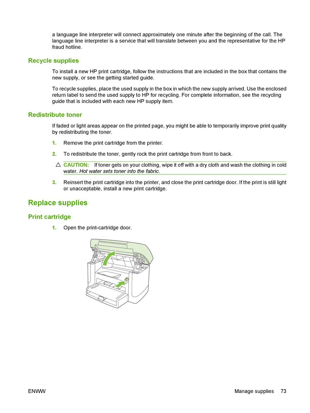 HP M1120 MFP manual Replace supplies, Recycle supplies, Redistribute toner, Print cartridge 