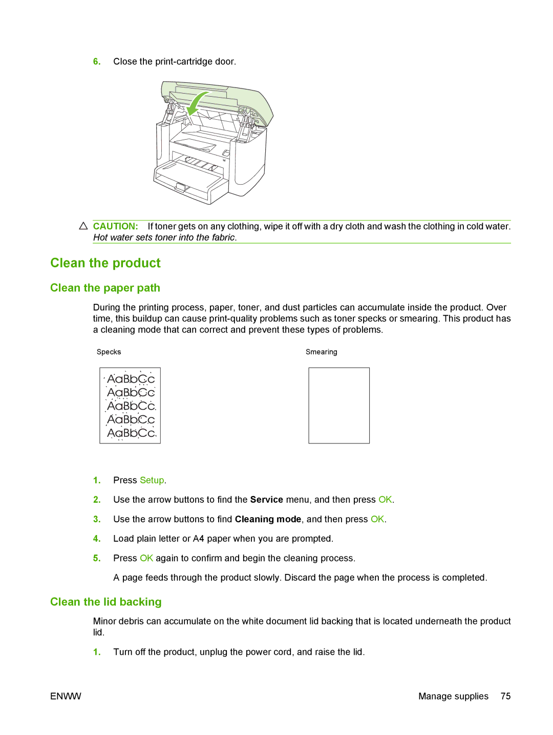 HP M1120 MFP manual Clean the product, Clean the paper path, Clean the lid backing 