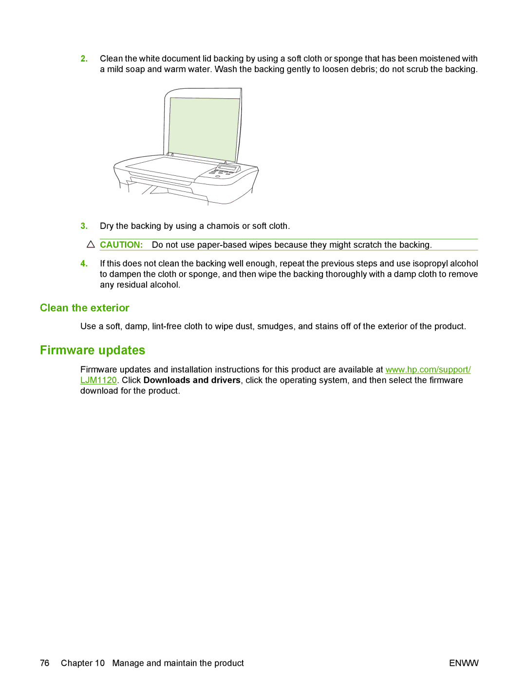 HP M1120 MFP manual Firmware updates, Clean the exterior 