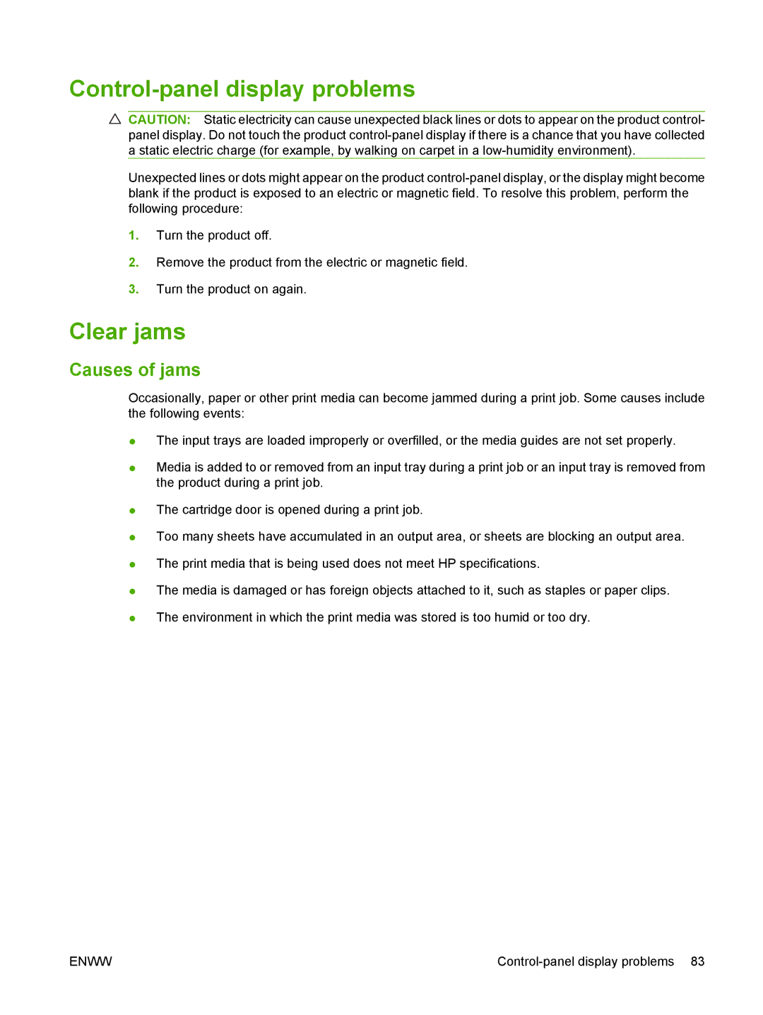 HP M1120 MFP manual Control-panel display problems, Clear jams, Causes of jams 