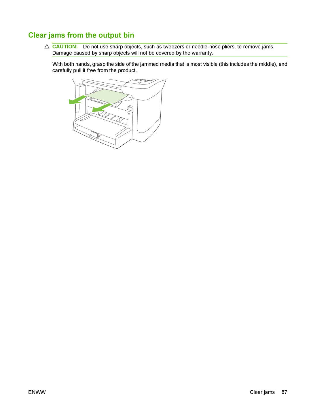 HP M1120 MFP manual Clear jams from the output bin 