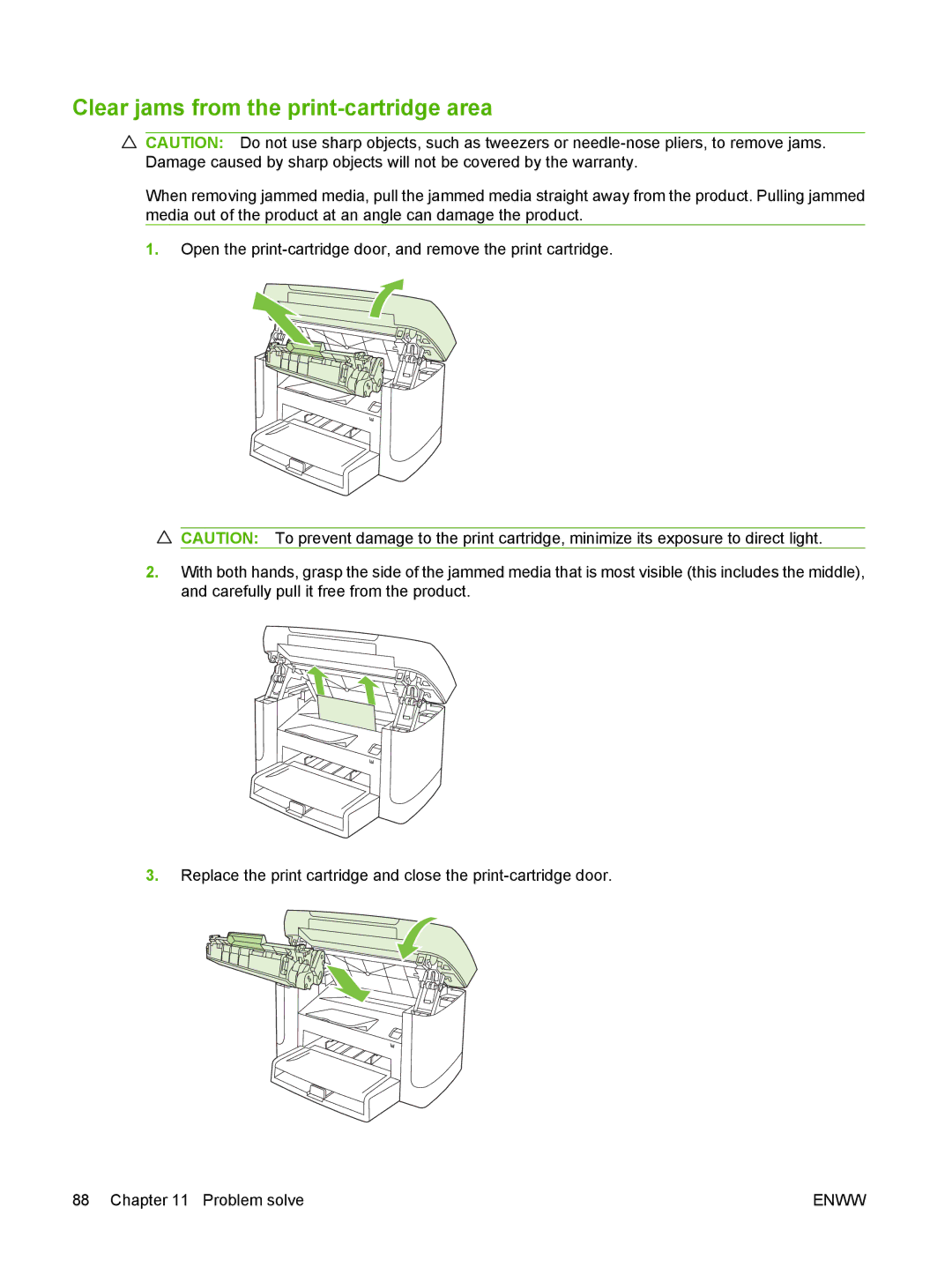 HP M1120 MFP manual Clear jams from the print-cartridge area 