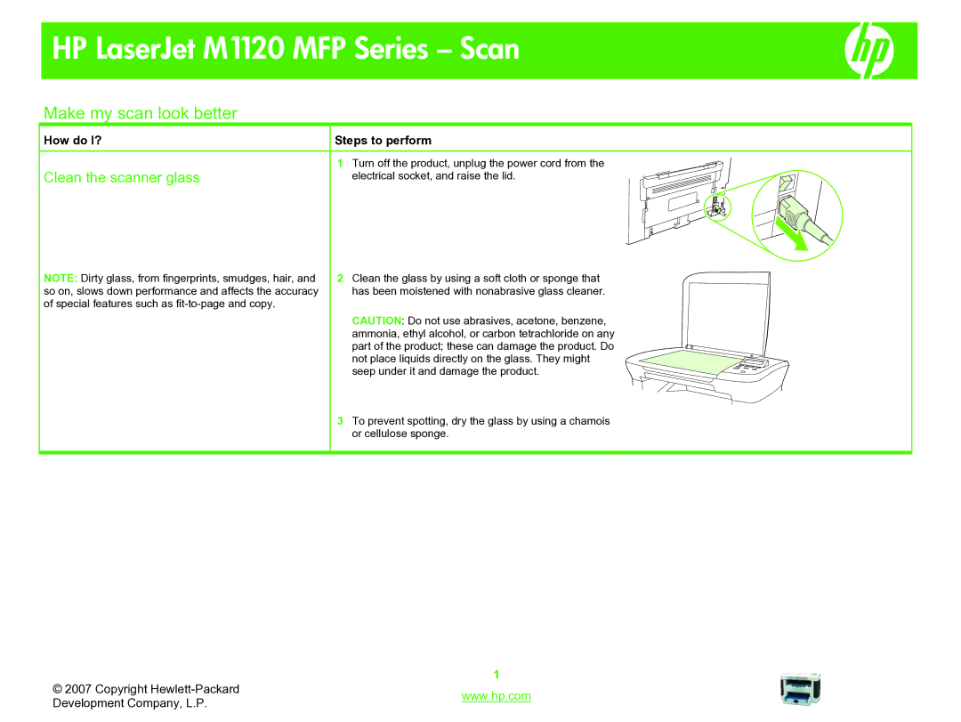 HP M1120 manual Make my scan look better, Clean the scanner glass 