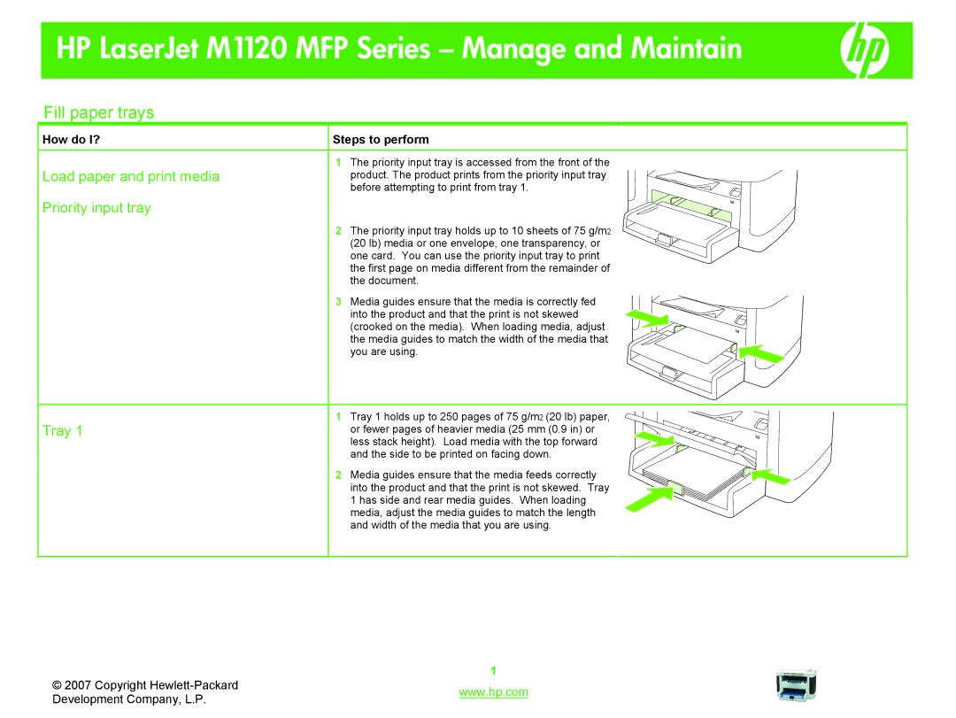 HP manual HP LaserJet M1120 MFP Series Manage and Maintain, Fill paper trays, Load paper and print media, Tray 