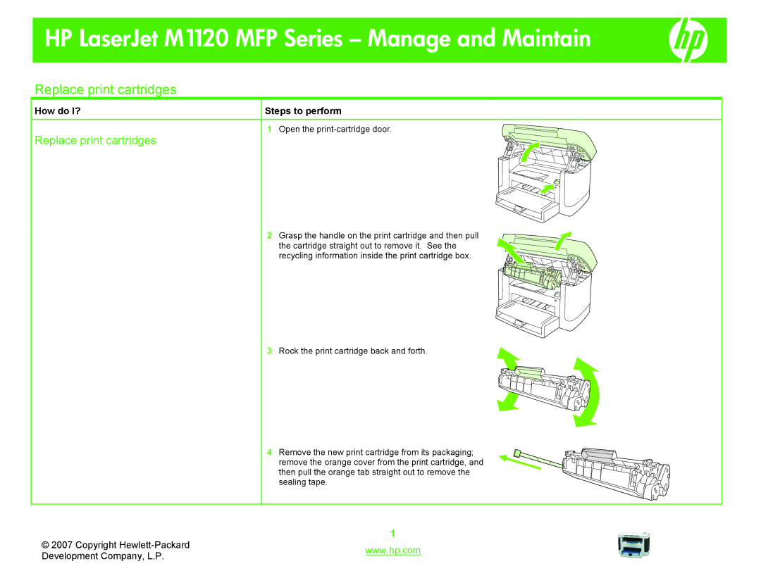 HP M1120 manual Replace print cartridges 