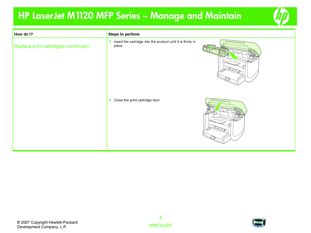 HP M1120 manual Insert the cartridge into the product until it is firmly 