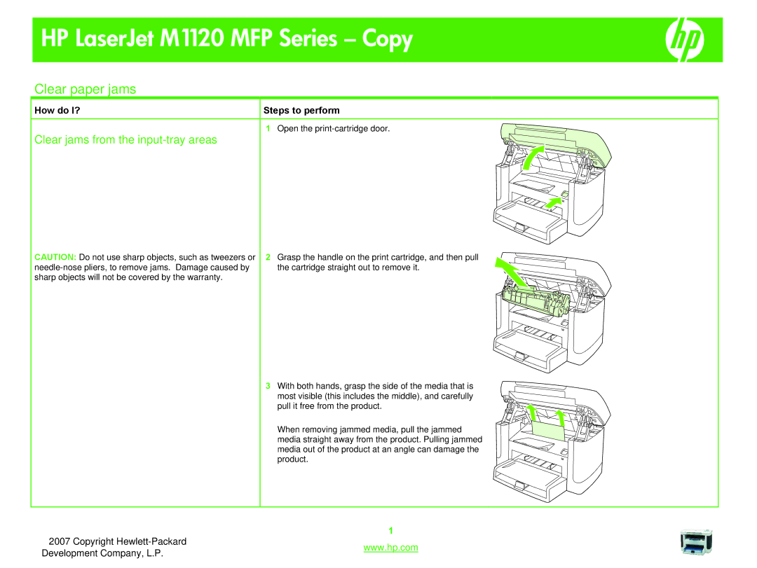 HP manual HP LaserJet M1120 MFP Series Copy, Clear paper jams, Clear jams from the input-tray areas 