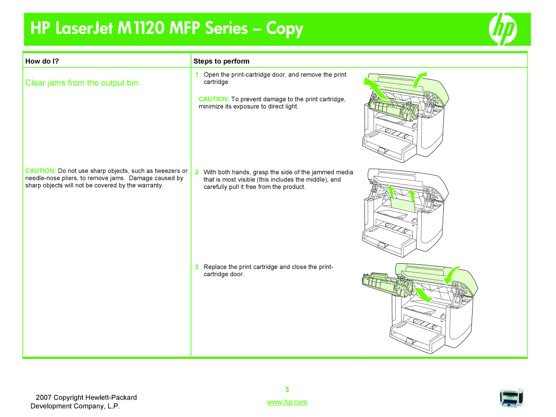 HP M1120 manual Clear jams from the output bin 