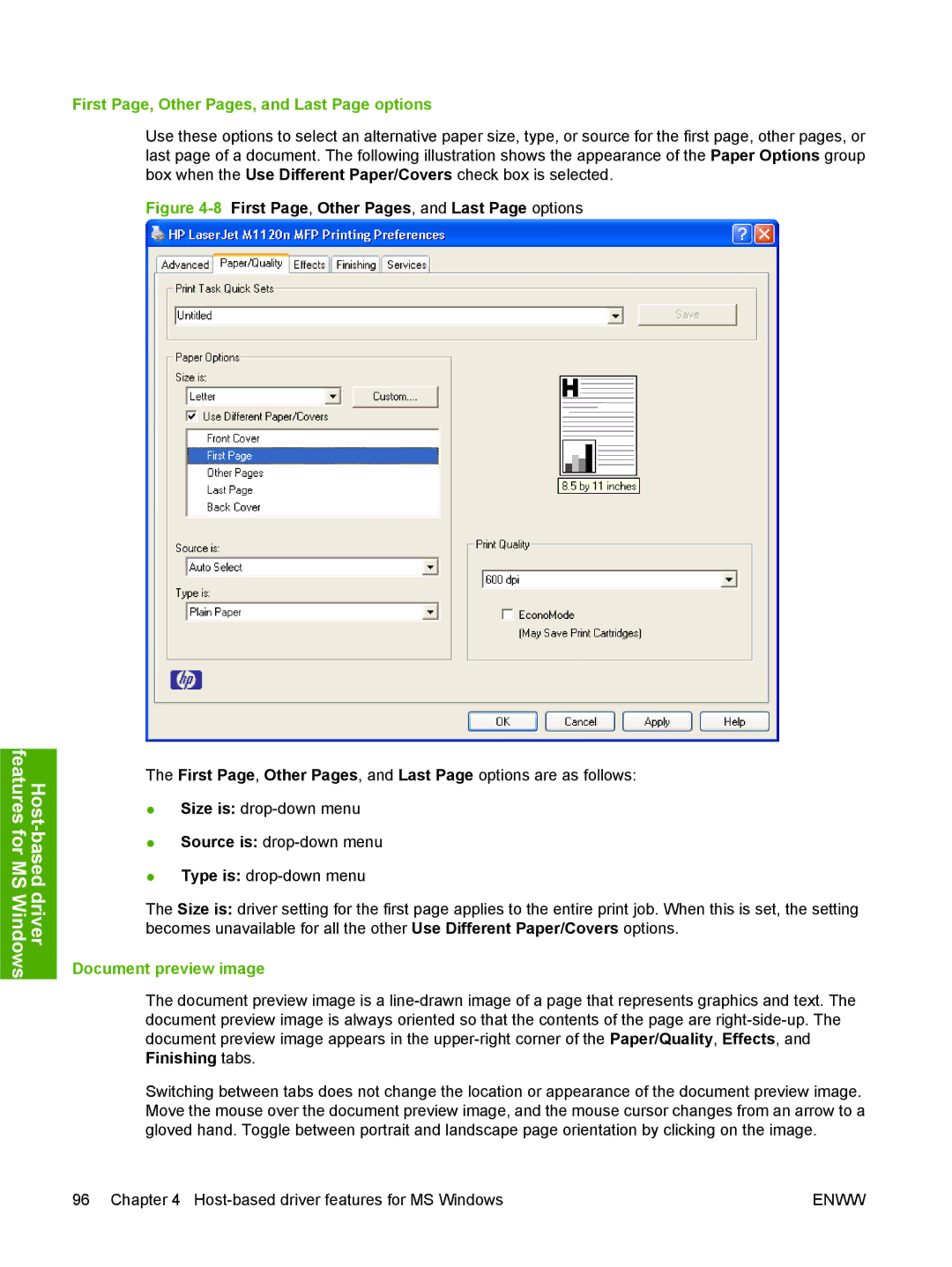 HP M1120n manual First Page, Other Pages, and Last Page options, Document preview image 