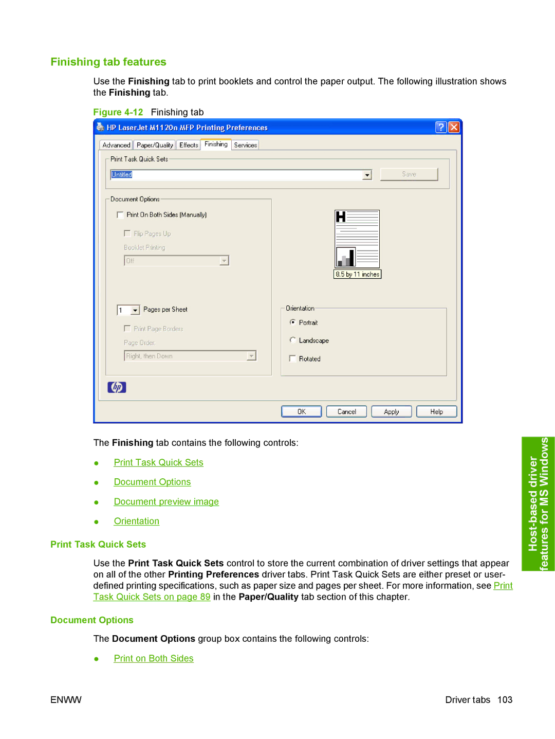 HP M1120n manual Finishing tab features, Document Options 