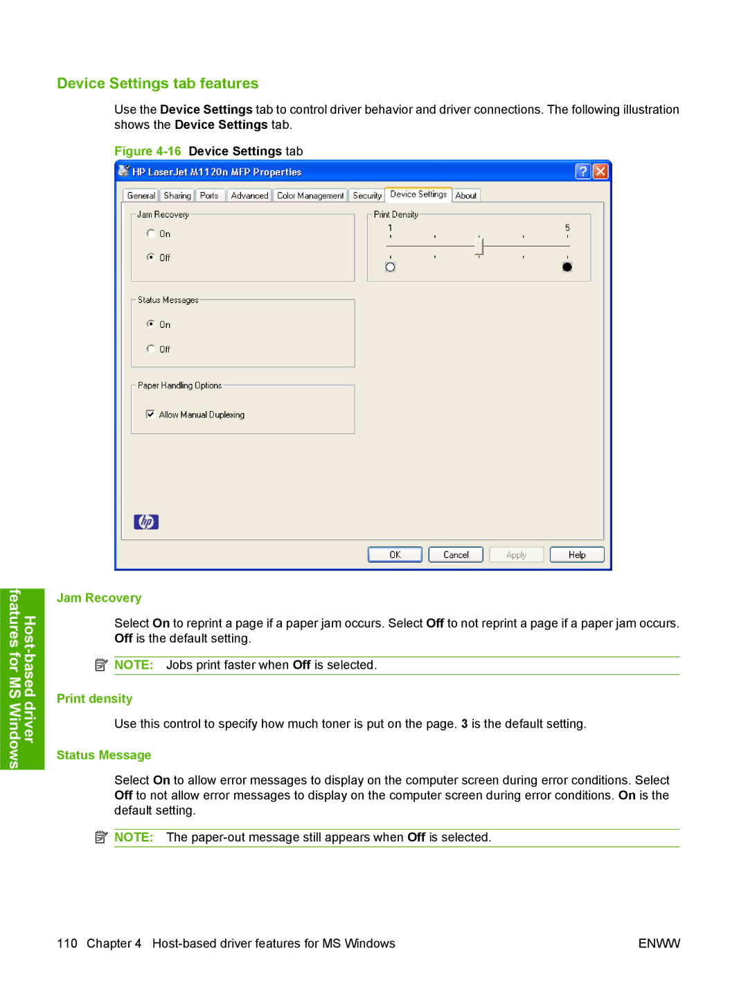 HP M1120n manual Device Settings tab features, Jam Recovery, Print density, Status Message 