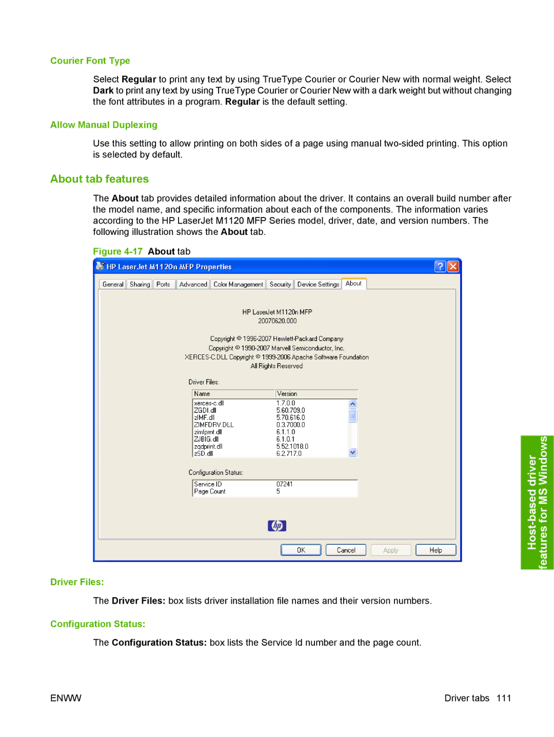 HP M1120n manual About tab features, Courier Font Type, Allow Manual Duplexing, Driver Files, Configuration Status 