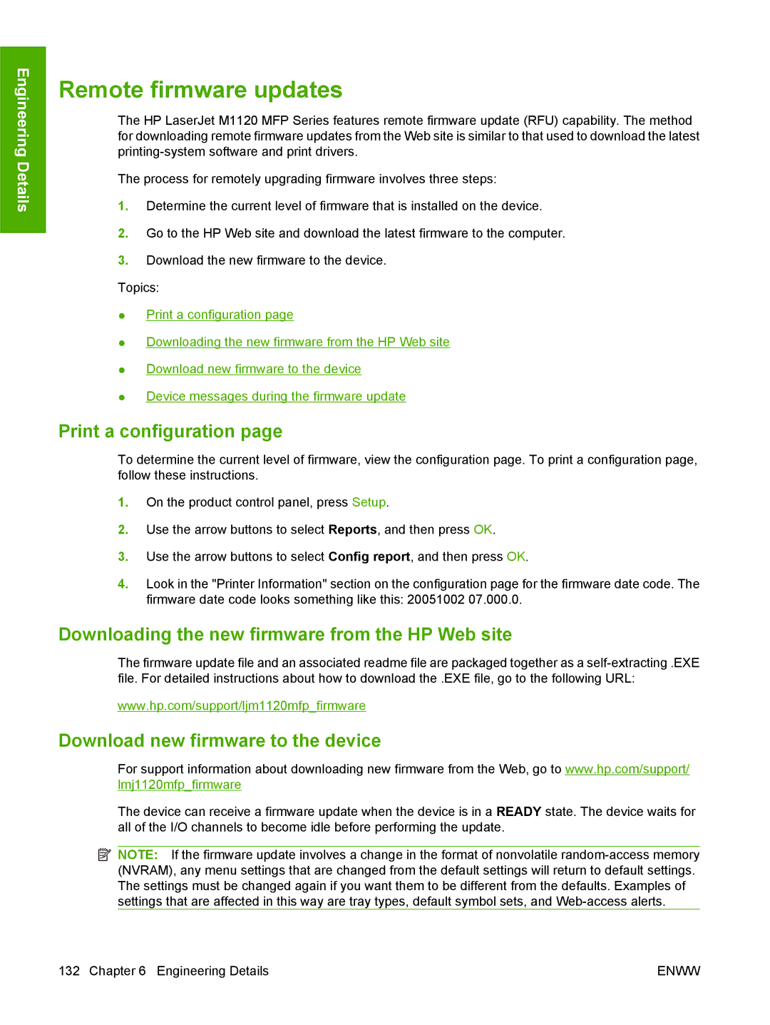 HP M1120n manual Remote firmware updates, Print a configuration, Downloading the new firmware from the HP Web site 