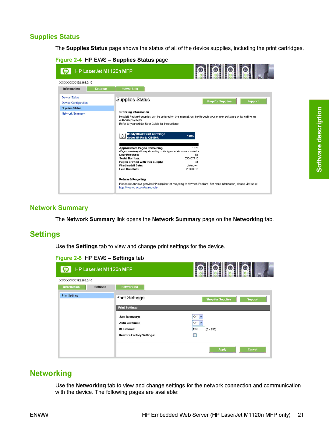 HP M1120n manual Settings, Networking, Supplies Status, Network Summary 