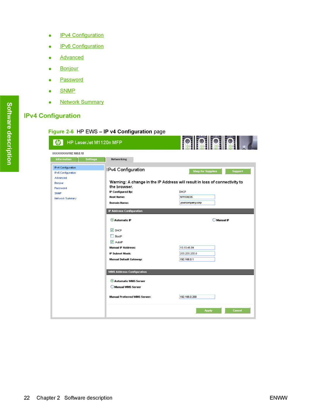 HP M1120n manual IPv4 Configuration, 6HP EWS IP v4 Configuration 