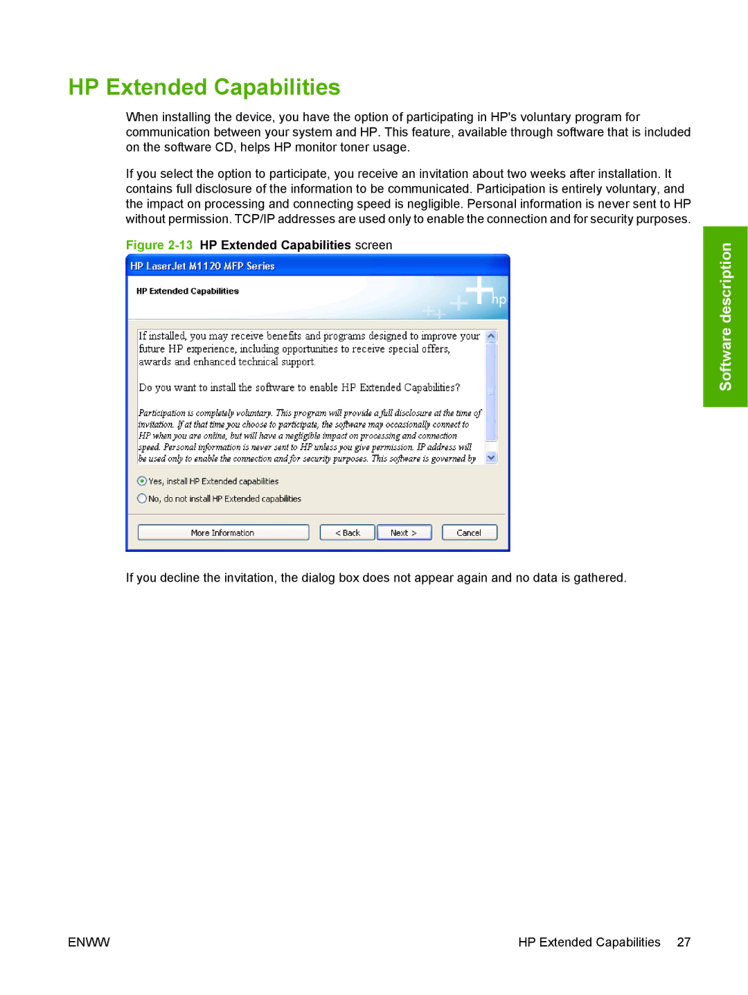 HP M1120n manual 13HP Extended Capabilities screen 