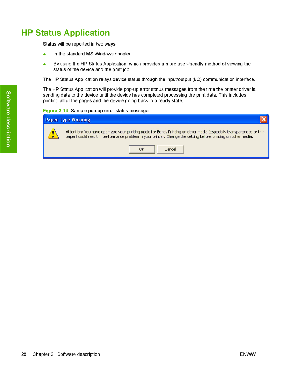 HP M1120n manual HP Status Application, 14Sample pop-up error status message Software description 