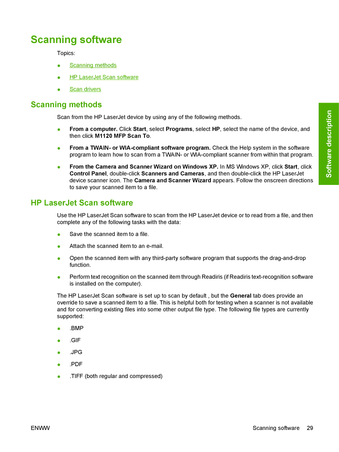 HP M1120n manual Scanning software, Scanning methods, HP LaserJet Scan software 