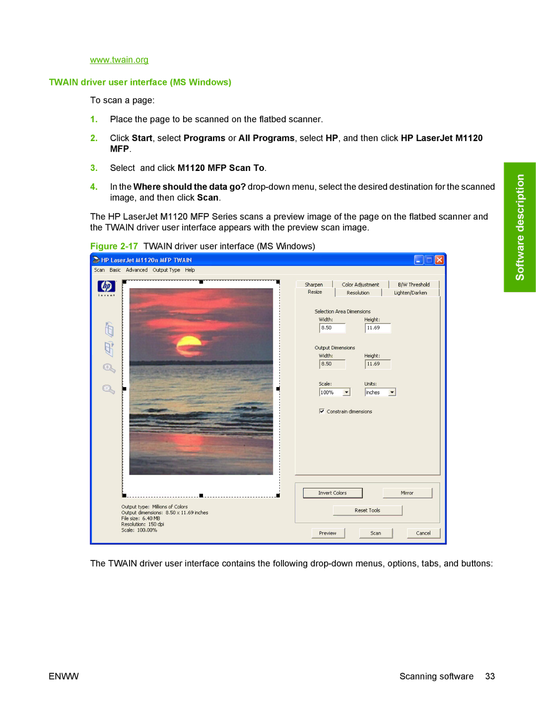 HP M1120n manual Twain driver user interface MS Windows 