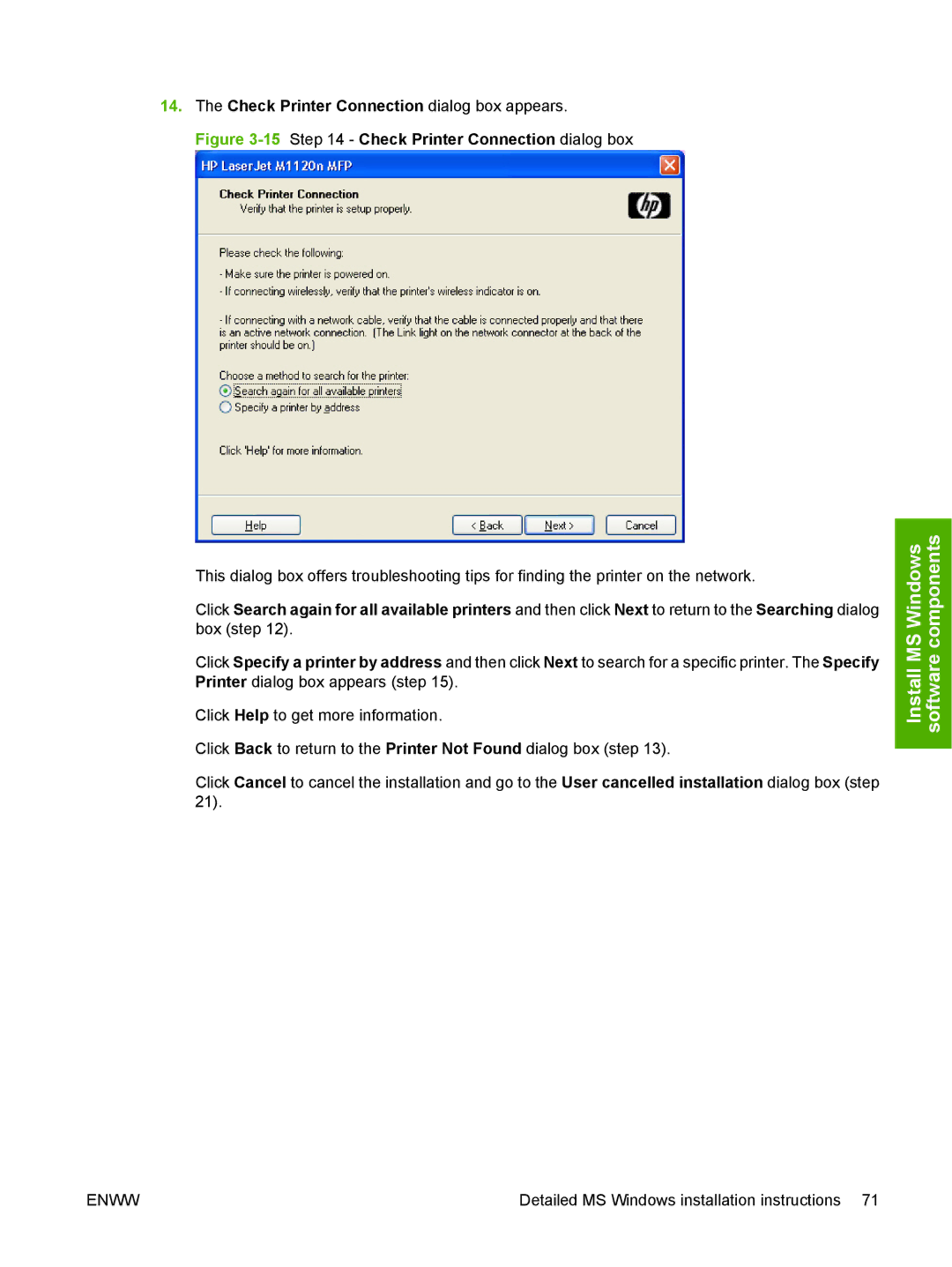 HP M1120n manual Check Printer Connection dialog box appears, 15Step 14 Check Printer Connection dialog box 