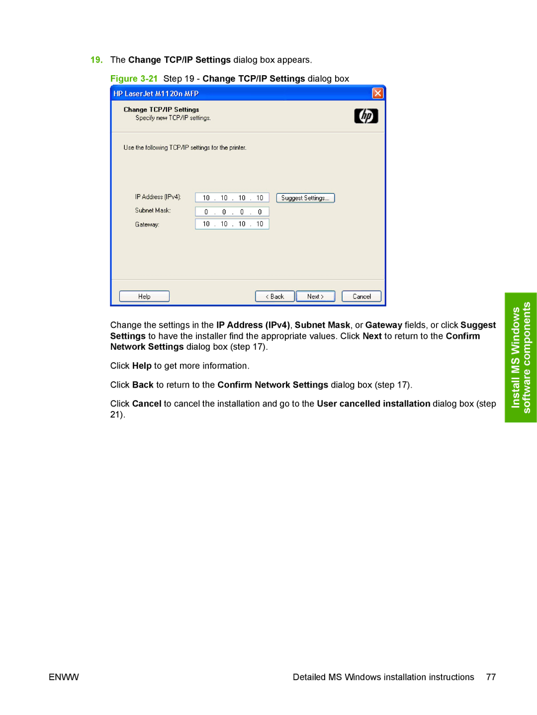 HP M1120n manual 21Step 19 Change TCP/IP Settings dialog box 