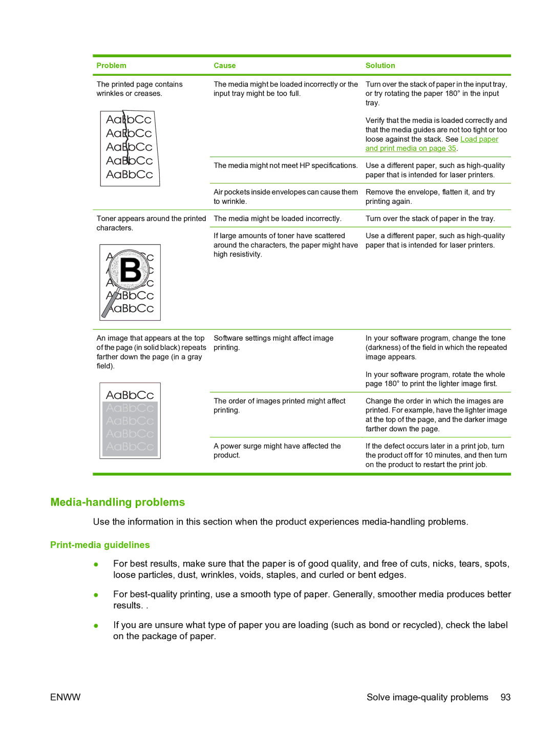 HP M1120n manual Media-handling problems, Print-media guidelines 