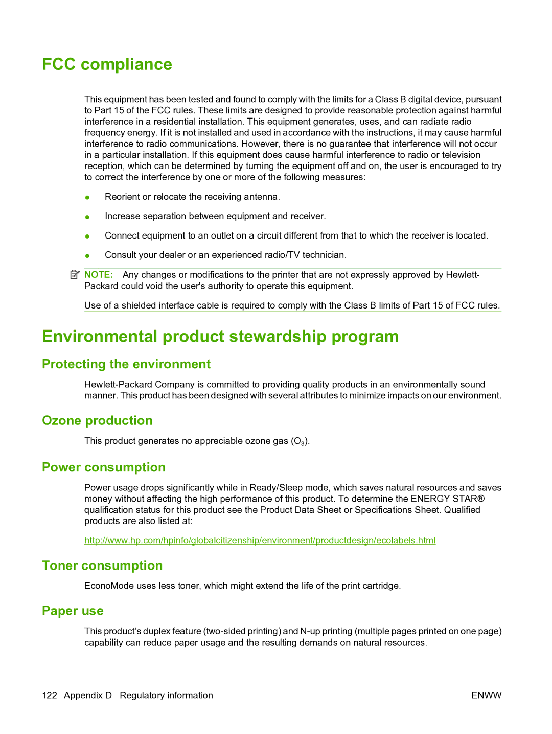 HP M1120n manual FCC compliance, Environmental product stewardship program 