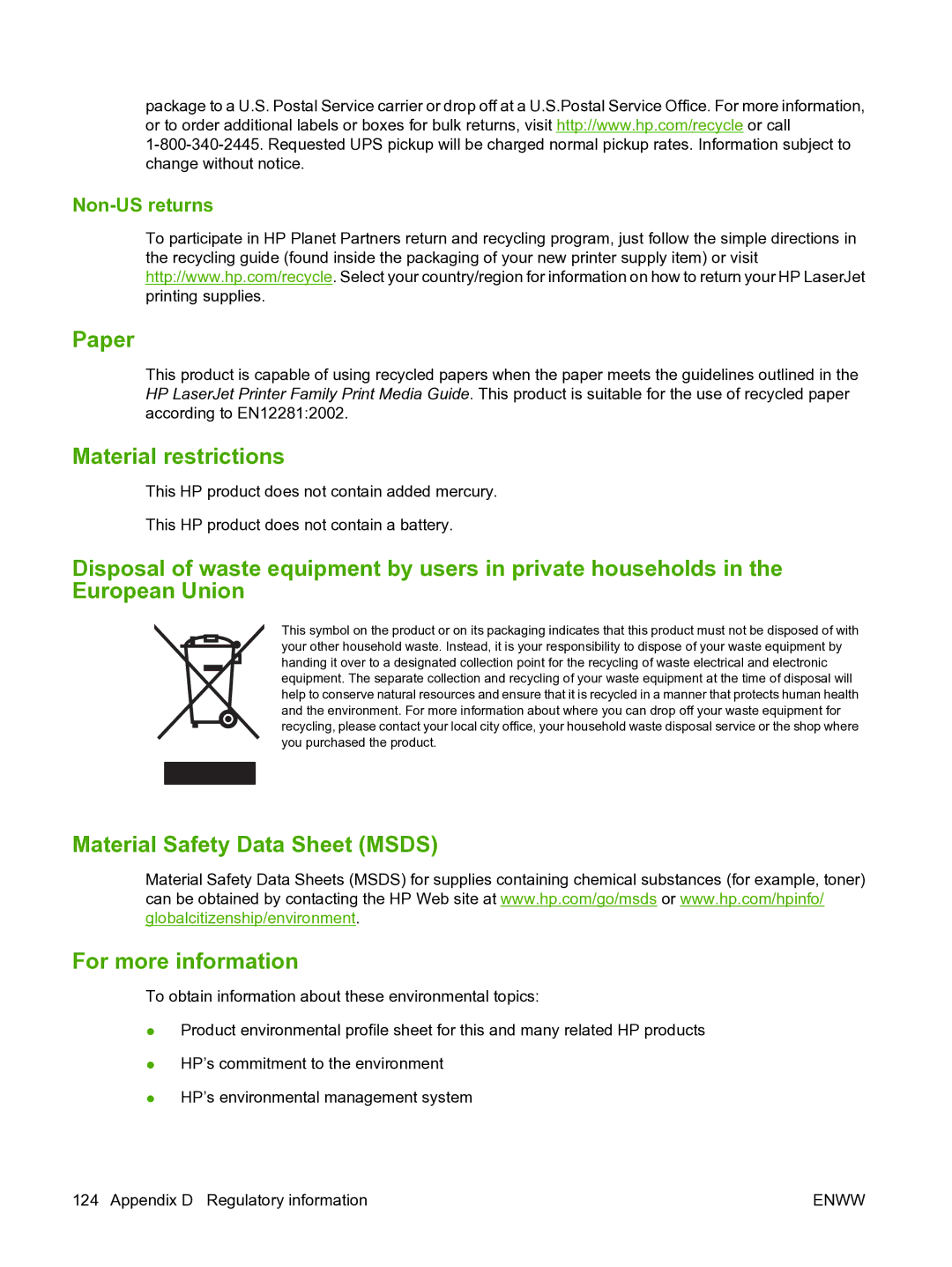 HP M1120n manual Paper, Material restrictions, Material Safety Data Sheet Msds For more information, Non-US returns 