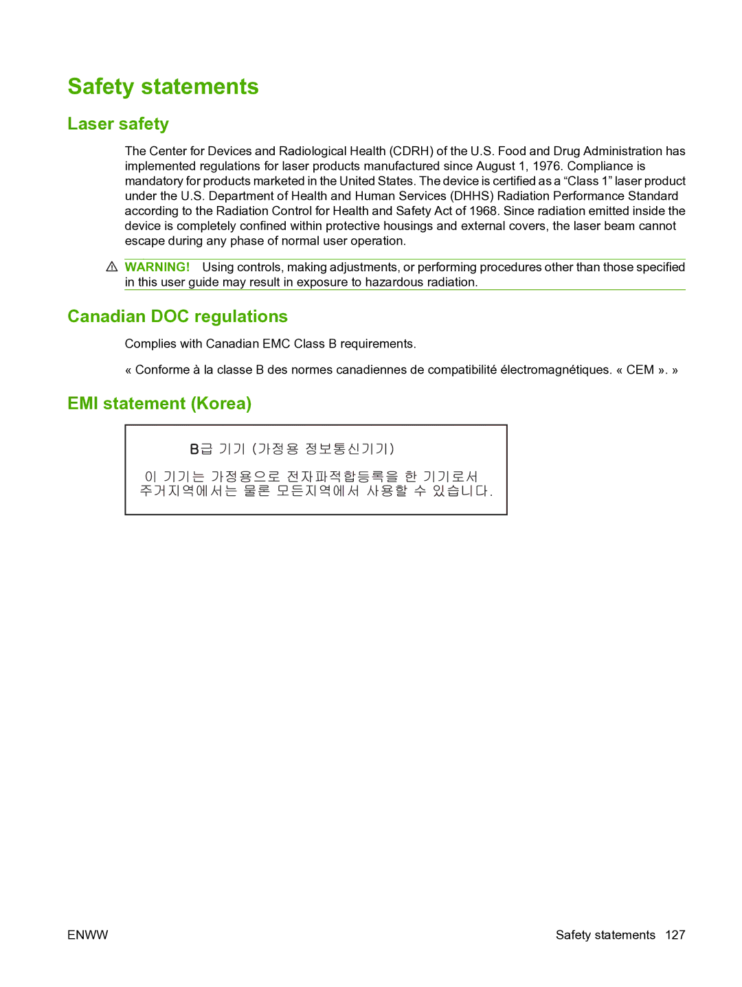 HP M1120n manual Safety statements, Laser safety, Canadian DOC regulations, EMI statement Korea 