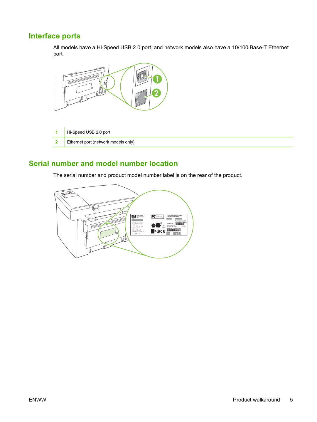 HP M1120n manual Interface ports, Serial number and model number location 