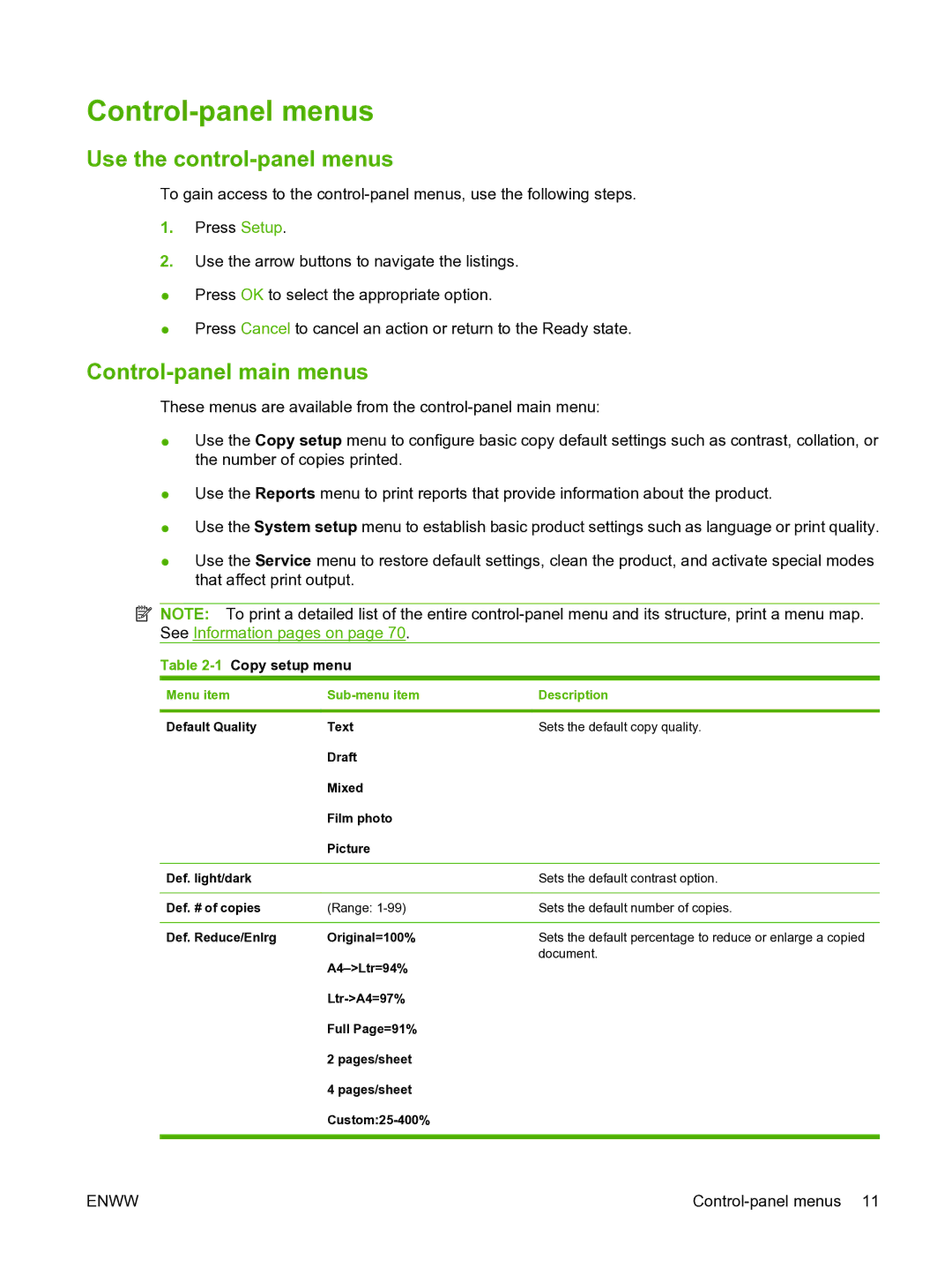 HP M1120 Control-panel menus, Use the control-panel menus, Control-panel main menus, Menu item Sub-menu item Description 