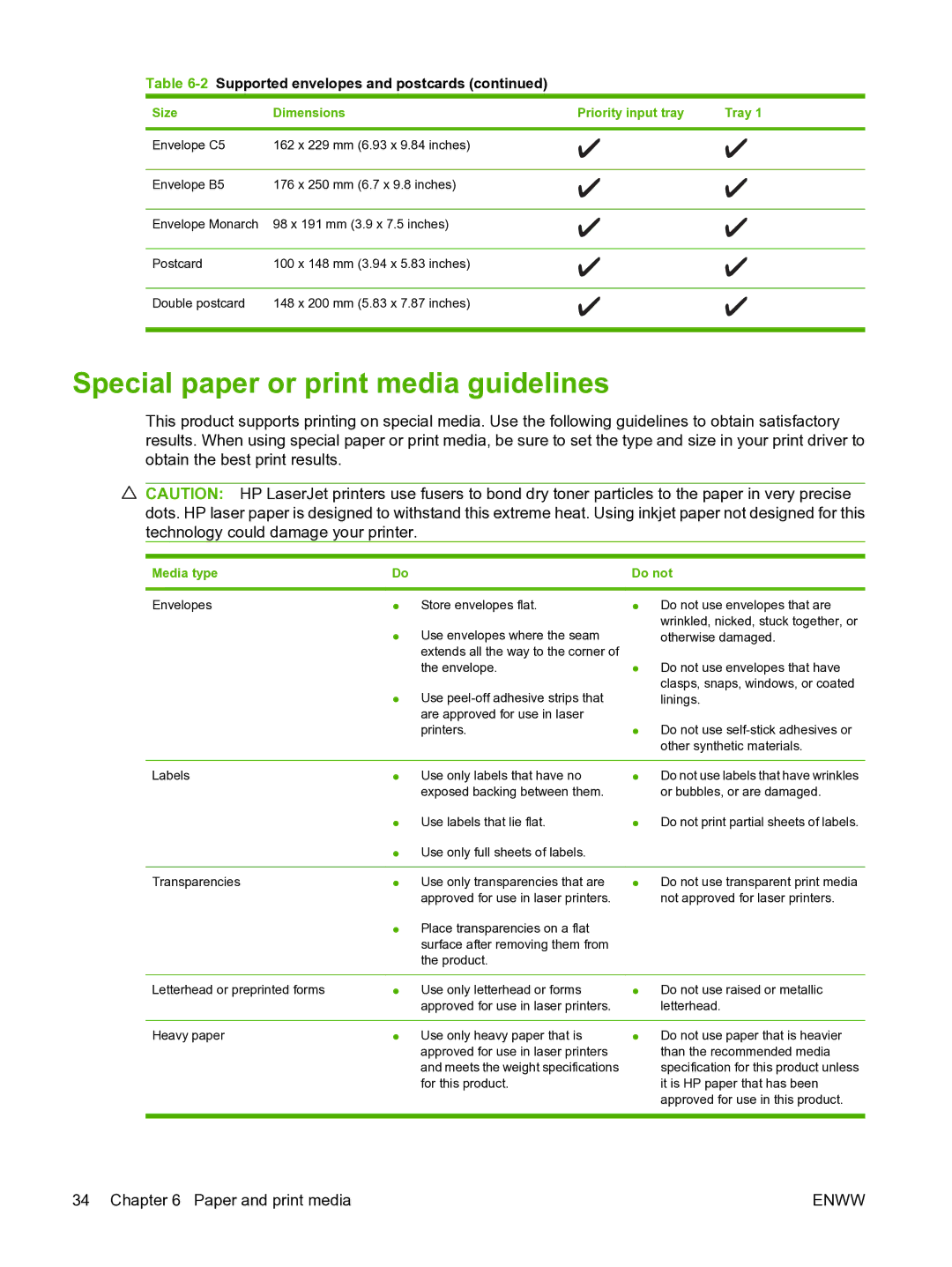 HP M1120n manual Special paper or print media guidelines, Media type 