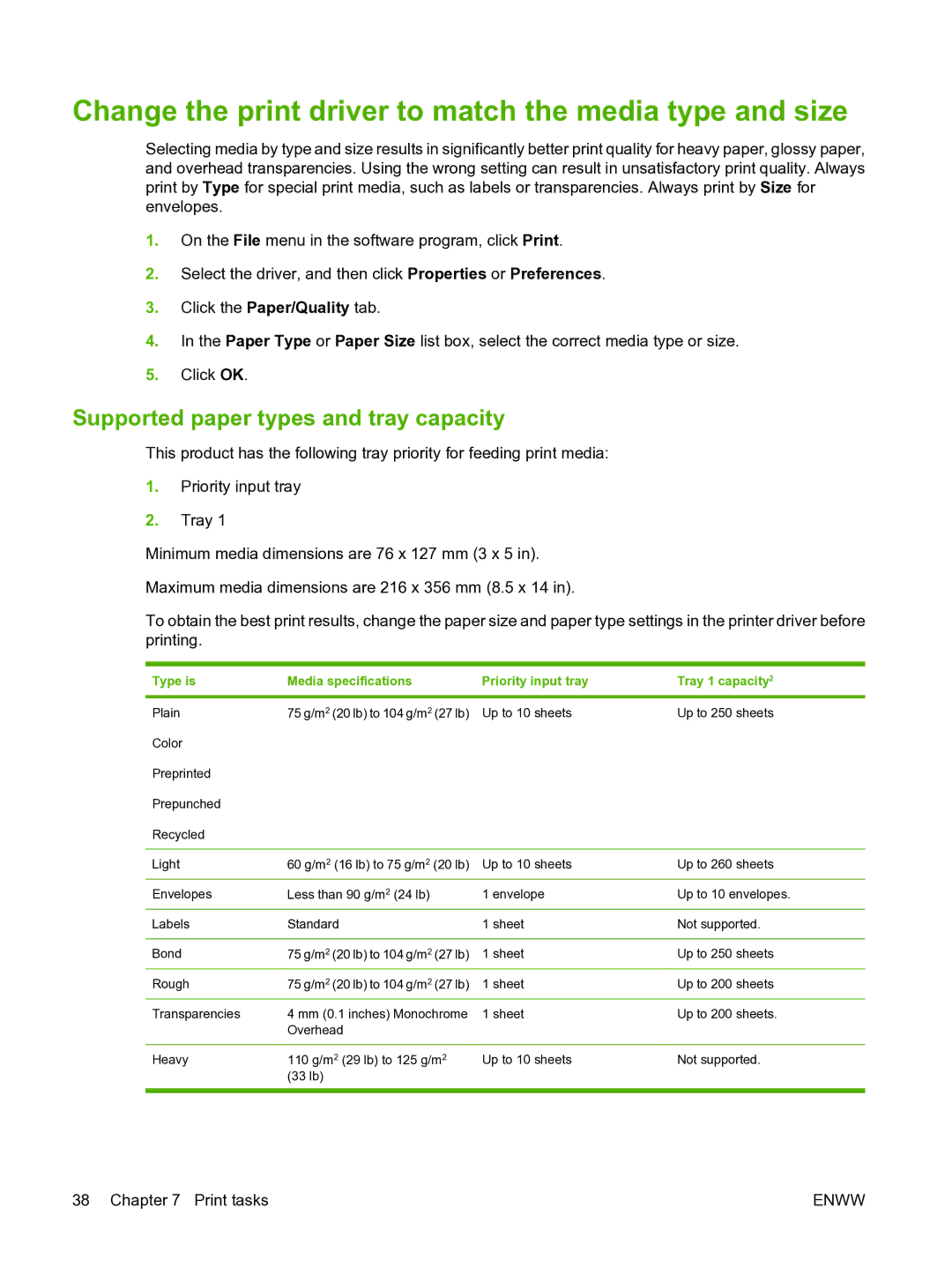 HP M1120n manual Change the print driver to match the media type and size, Supported paper types and tray capacity 