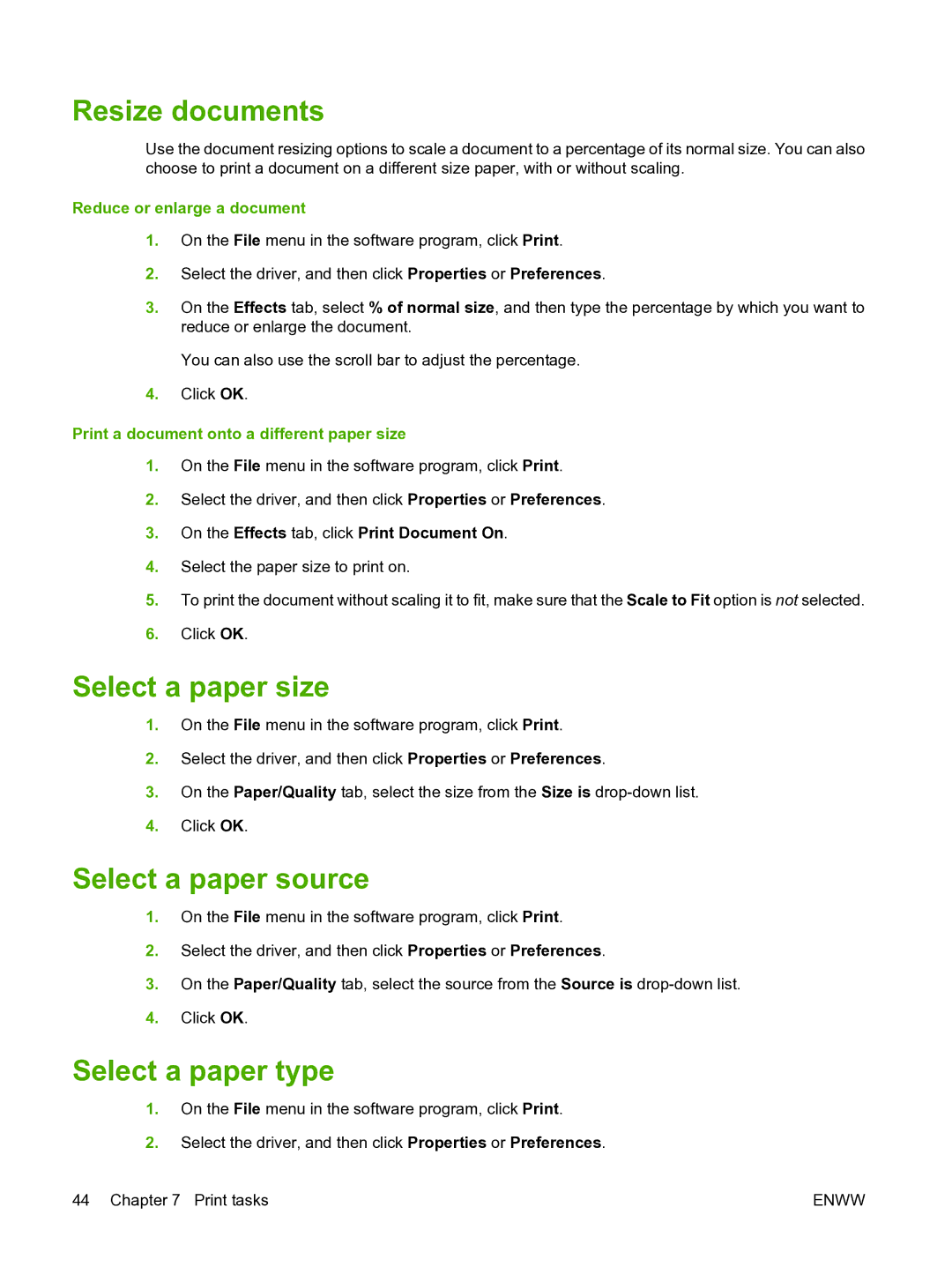 HP M1120n manual Resize documents, Select a paper size, Select a paper source, Select a paper type 