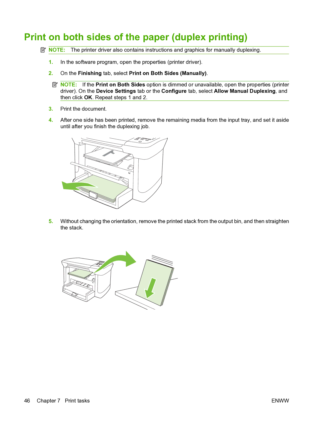 HP M1120n Print on both sides of the paper duplex printing, On the Finishing tab, select Print on Both Sides Manually 