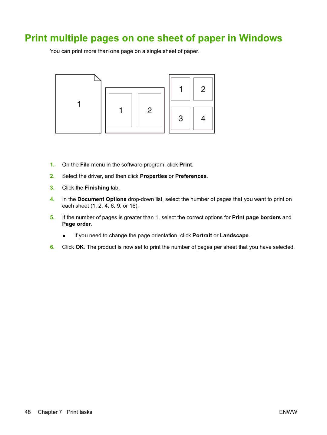 HP M1120n manual Print multiple pages on one sheet of paper in Windows 