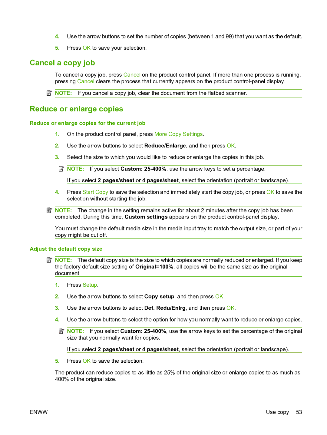 HP M1120n manual Cancel a copy job, Reduce or enlarge copies for the current job, Adjust the default copy size 