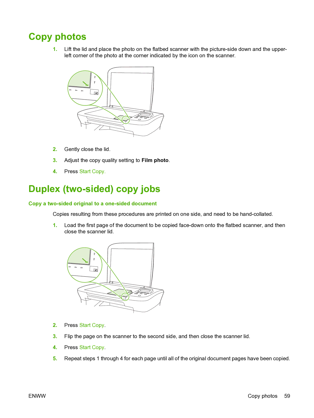 HP M1120n manual Copy photos, Duplex two-sided copy jobs, Copy a two-sided original to a one-sided document 