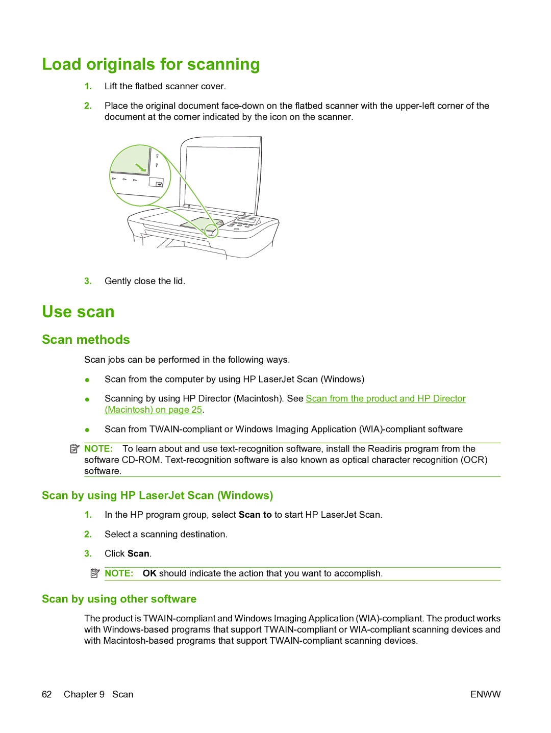 HP M1120n manual Load originals for scanning, Use scan, Scan methods, Scan by using HP LaserJet Scan Windows 