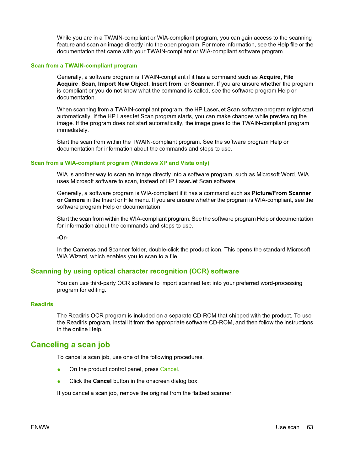 HP M1120n manual Canceling a scan job, Scan from a TWAIN-compliant program, Readiris 