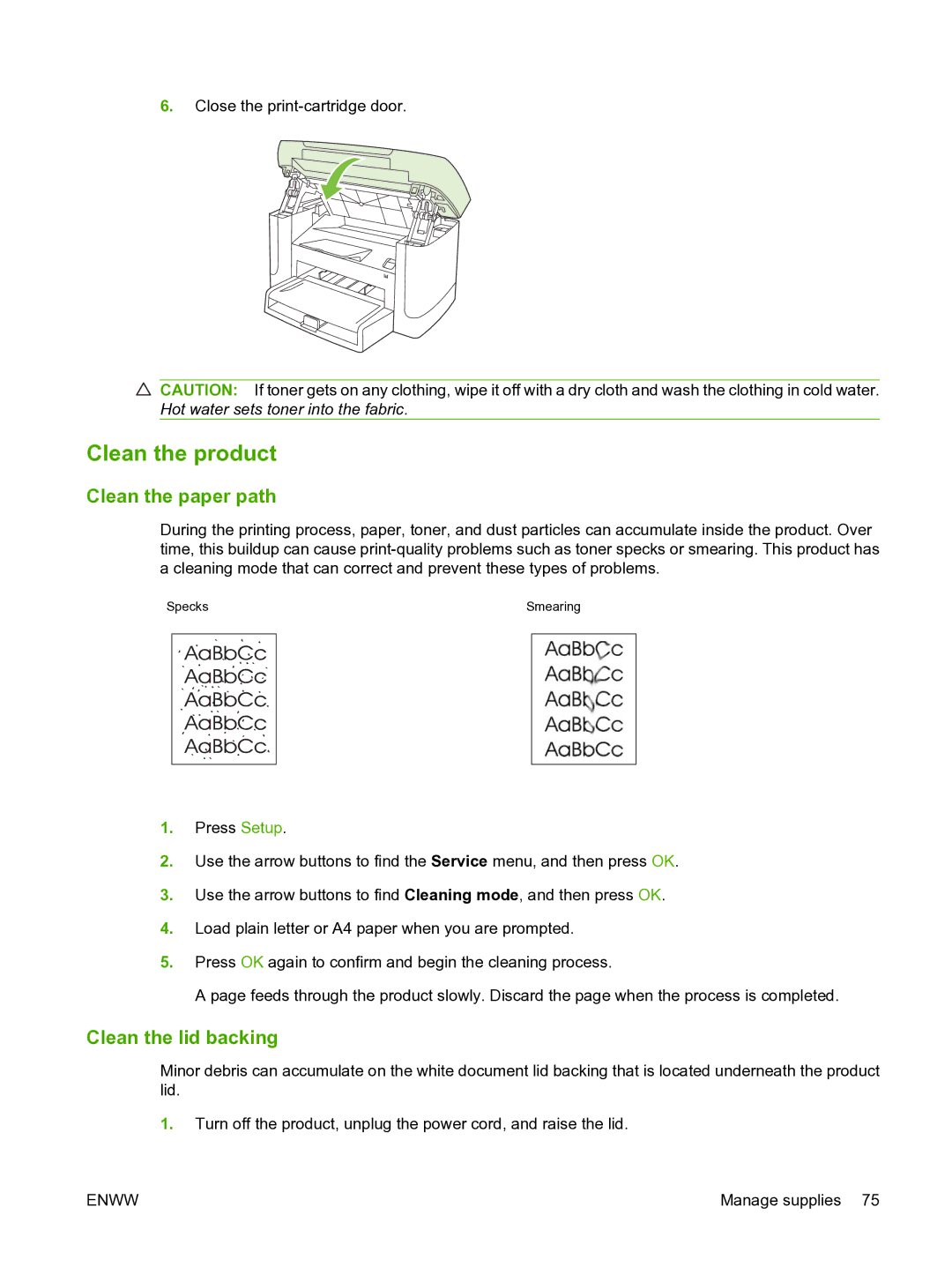 HP M1120n manual Clean the product, Clean the paper path, Clean the lid backing 