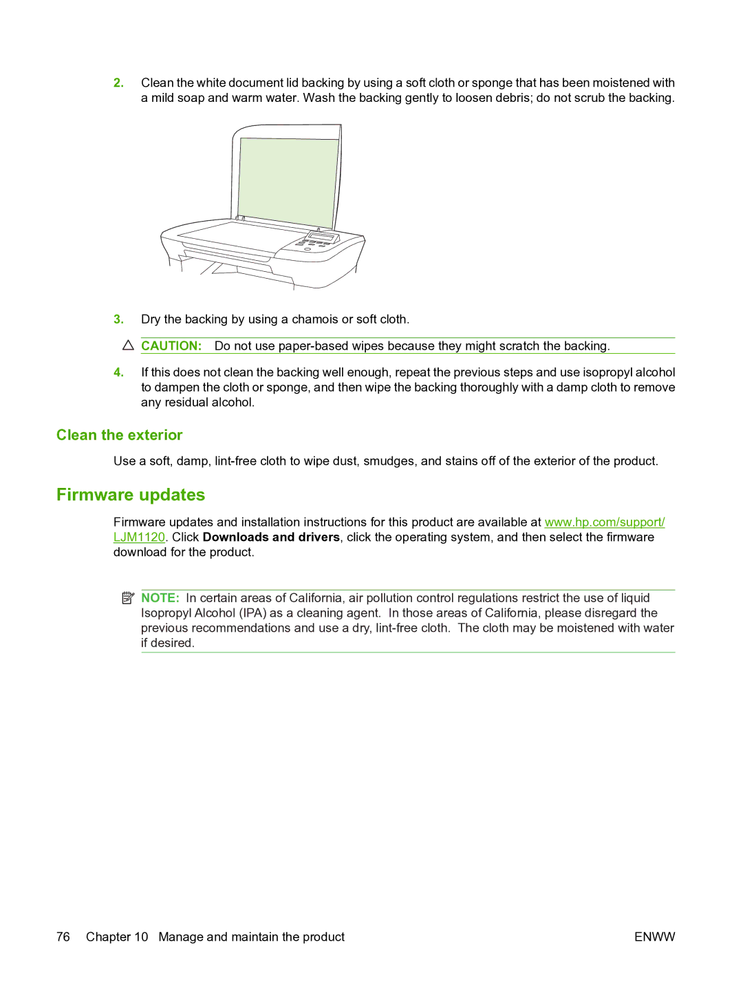 HP M1120n manual Firmware updates, Clean the exterior 