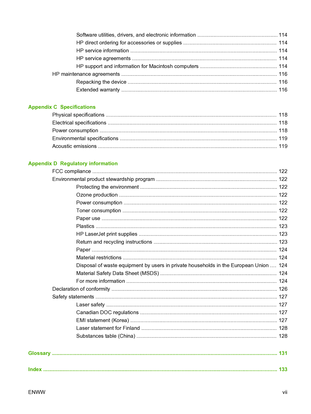 HP M1120n manual Appendix C Specifications, Appendix D Regulatory information, 131, 133 