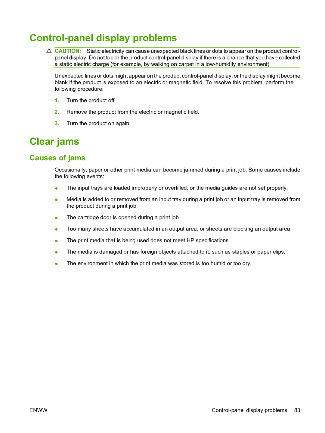 HP M1120n manual Control-panel display problems, Clear jams, Causes of jams 