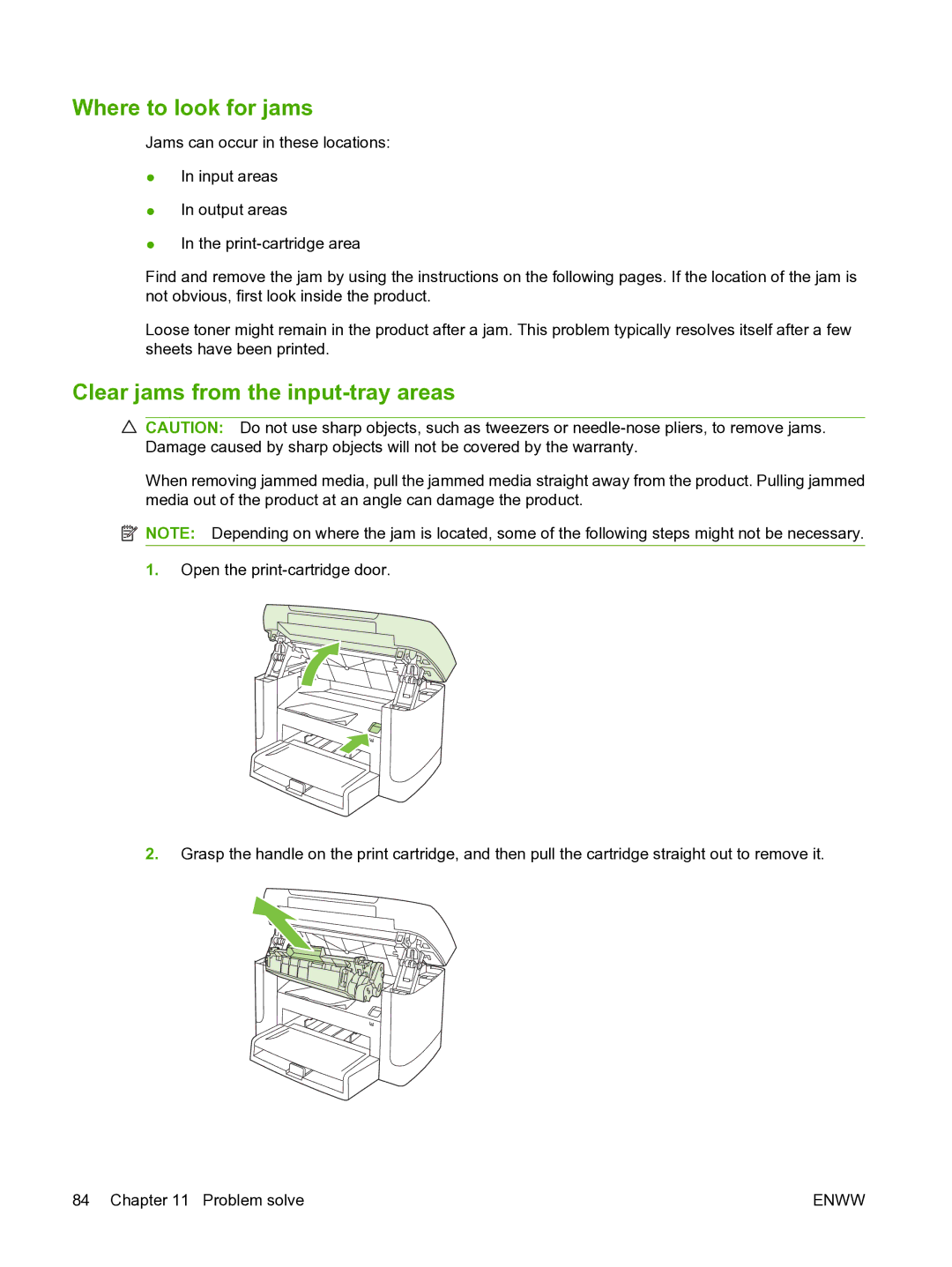 HP M1120n manual Where to look for jams, Clear jams from the input-tray areas 