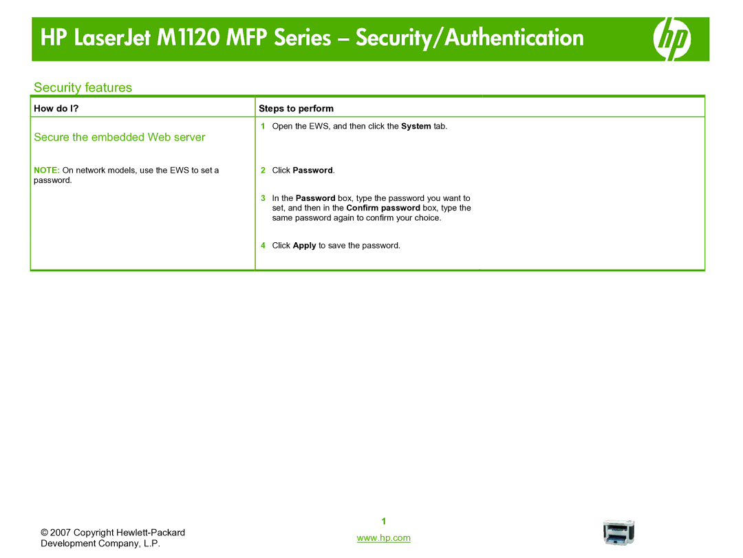 HP M1120n manual HP LaserJet M1120 MFP Series Security/Authentication, Security features, Secure the embedded Web server 