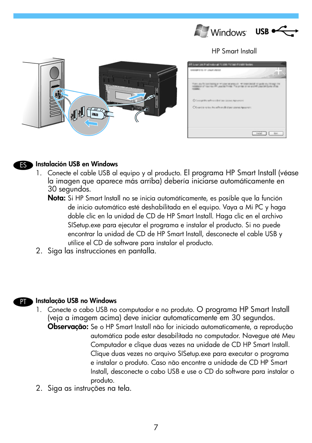 HP M1136, M1132 manual Utilice el CD de software para instalar el producto, Instalação USB no Windows, Produto 