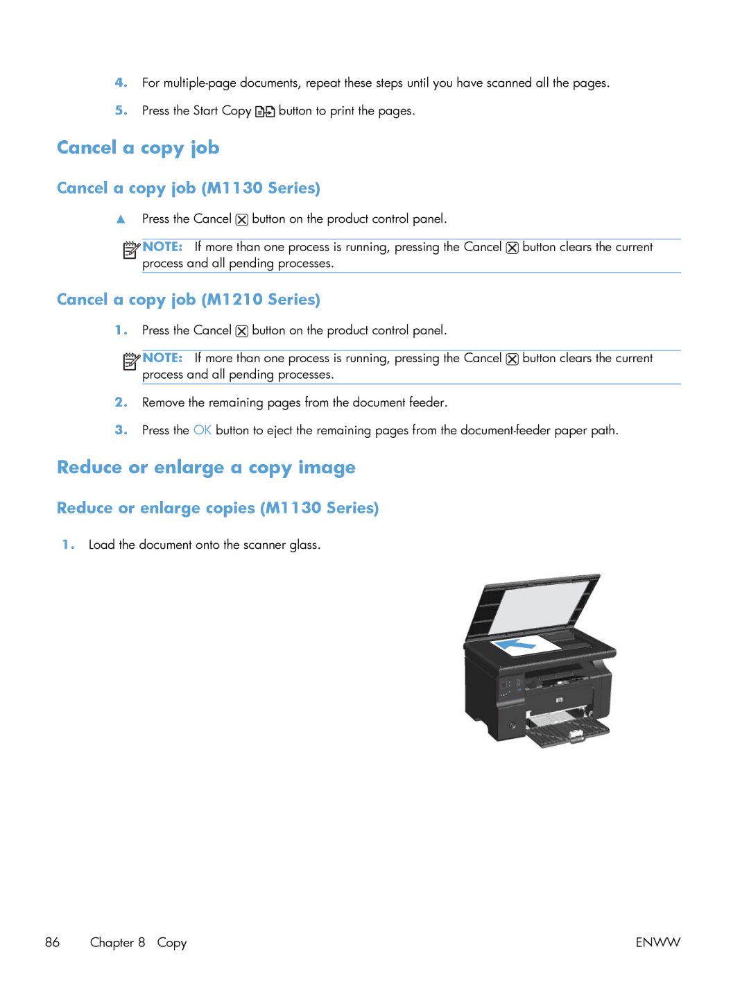 HP M1214nfh, M1216nfh Reduce or enlarge a copy image, Cancel a copy job M1130 Series, Cancel a copy job M1210 Series 