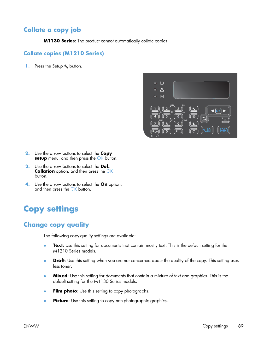 HP M1214nfh, M1216nfh, M1213nf manual Copy settings, Collate a copy job, Change copy quality, Collate copies M1210 Series 