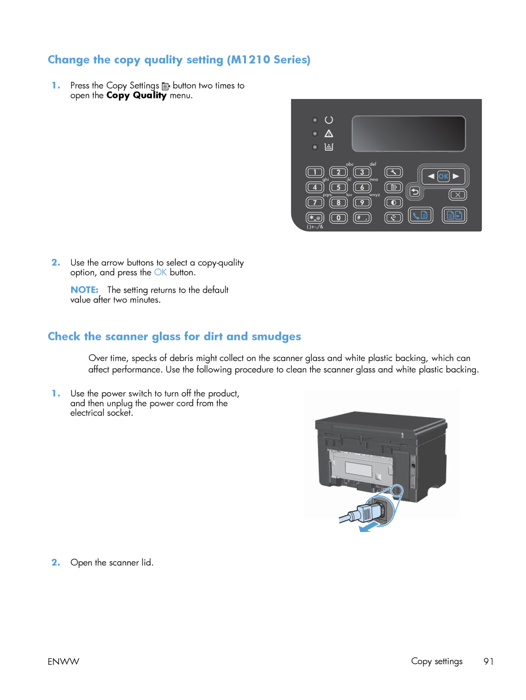 HP M1216nfh, M1214nfh, M1213nf Change the copy quality setting M1210 Series, Check the scanner glass for dirt and smudges 